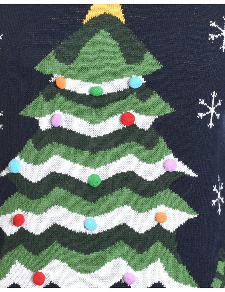 Navy Christmas Tree Design Knit Jumper - S