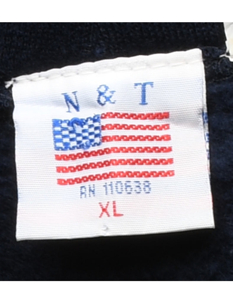 Navy & White Washing DC Printed Hoodie - XL