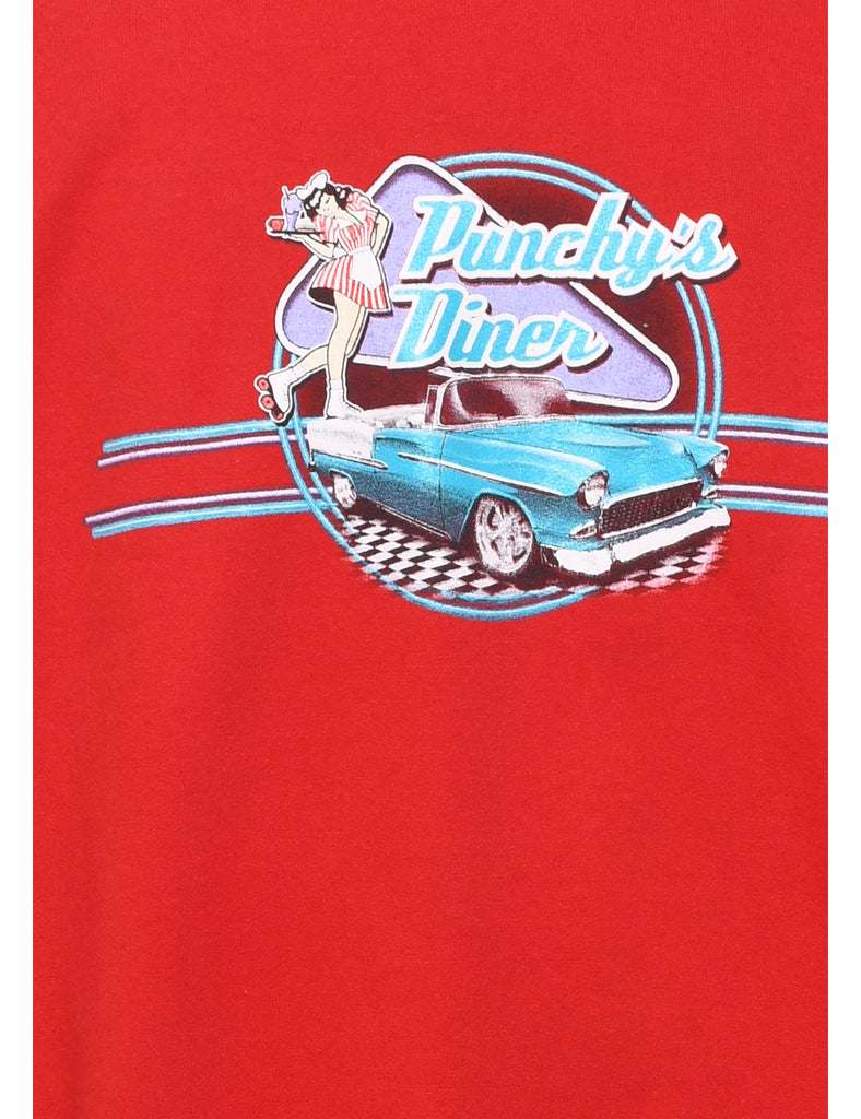 Red Punchy's Diner 1950s-Style Printed Sweatshirt - L