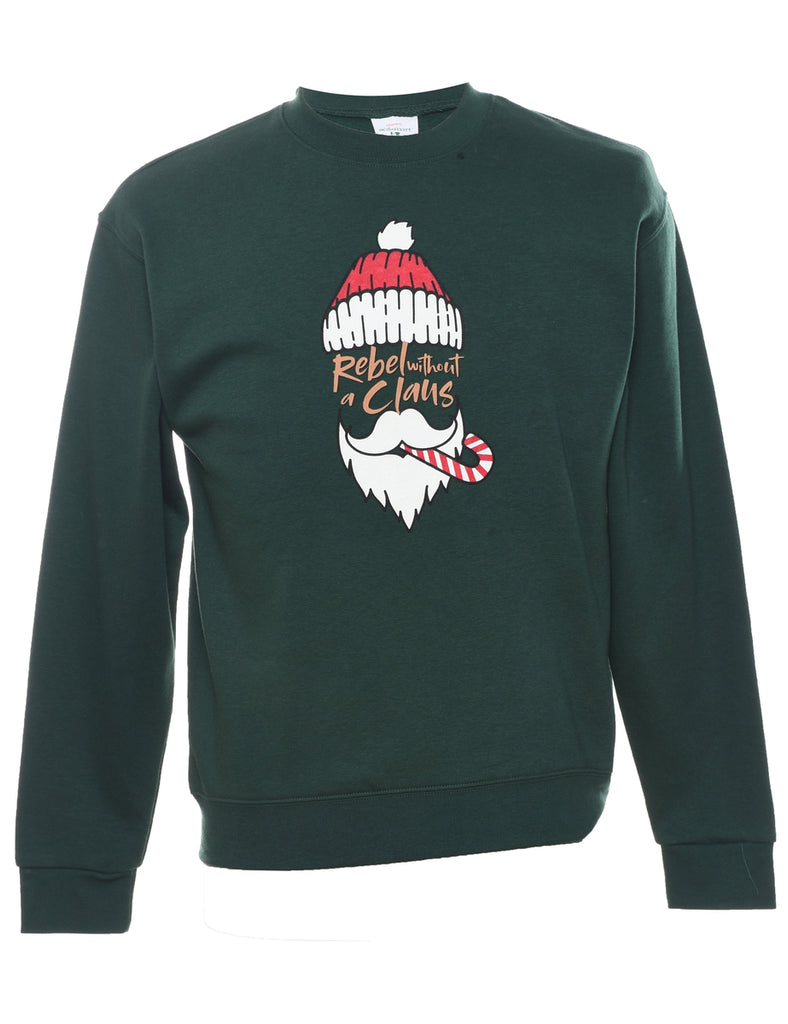 Santa Claus Design Dark Green Printed Christmas Sweatshirt - S