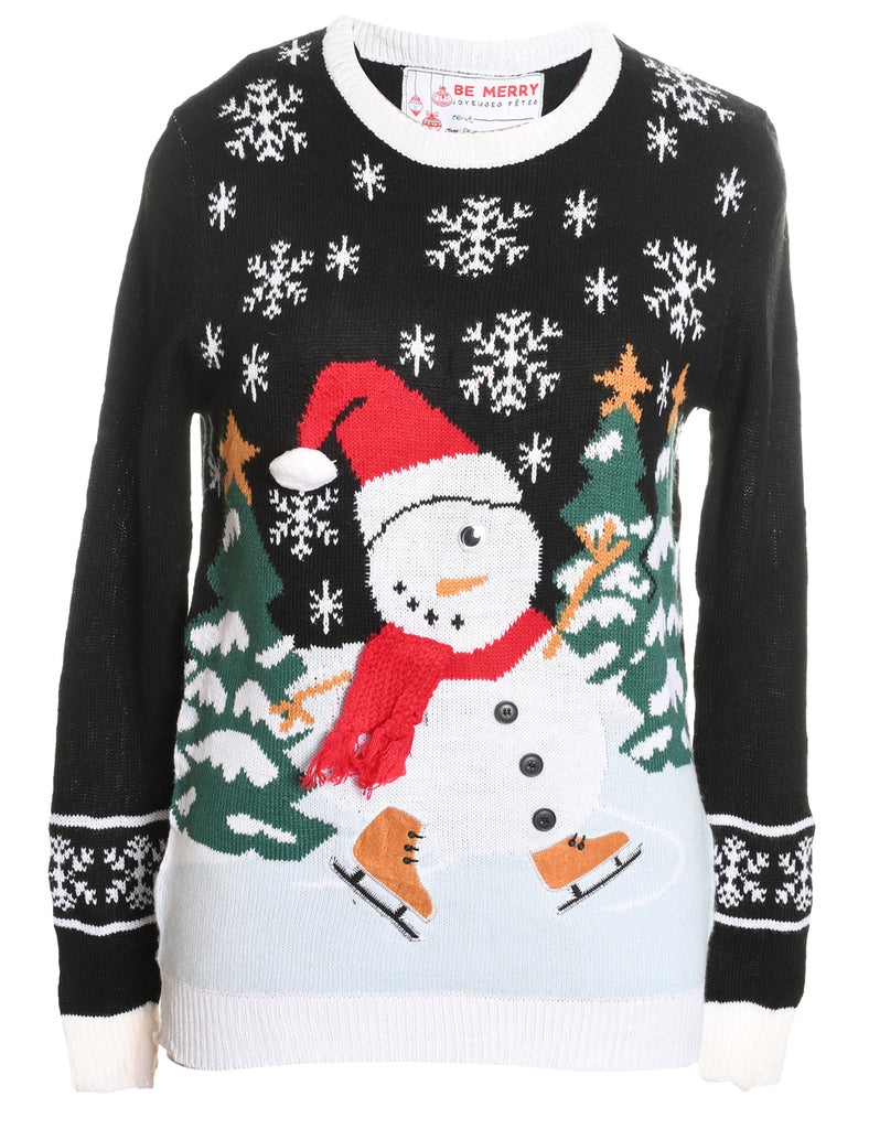 Snowman Design Black Christmas Jumper - S