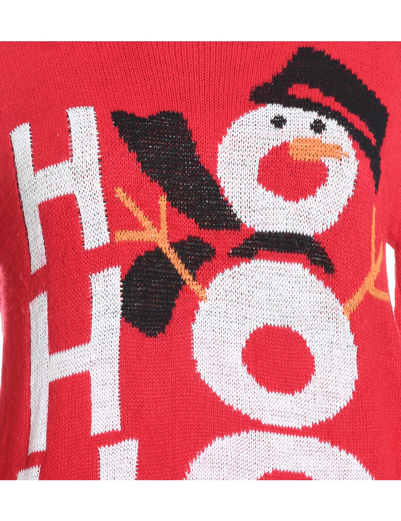 Snowman Design Red Knit Christmas Jumper - M