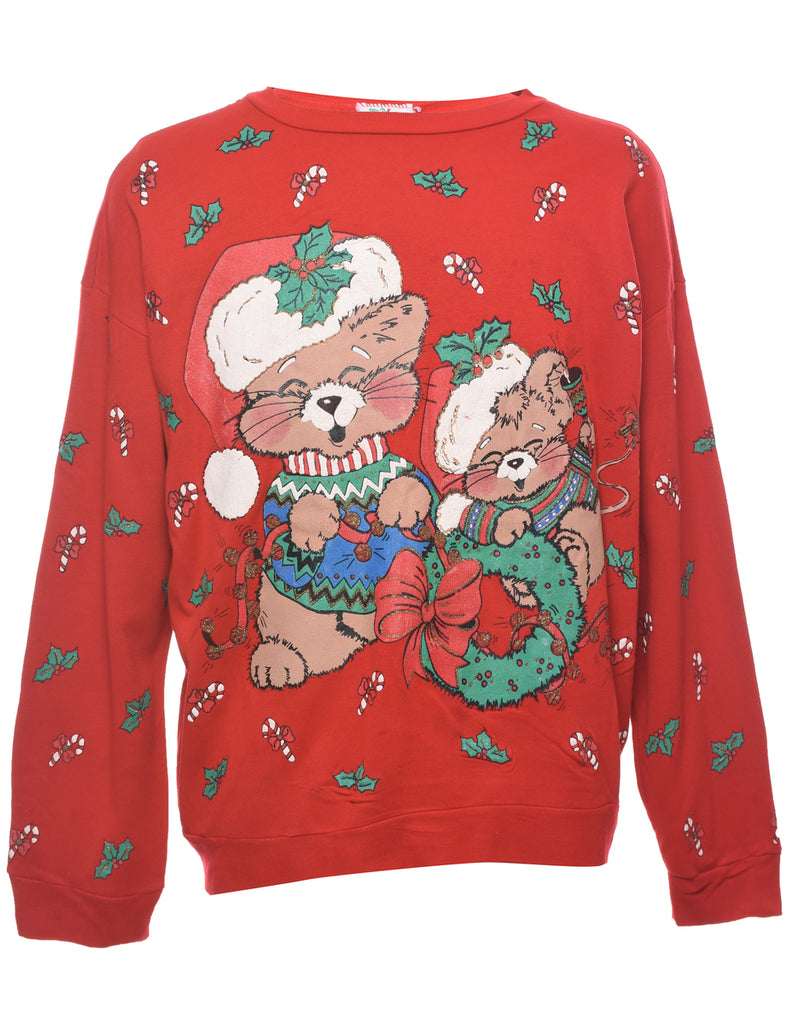 Teddy Bear Print Christmas Sweatshirt - L