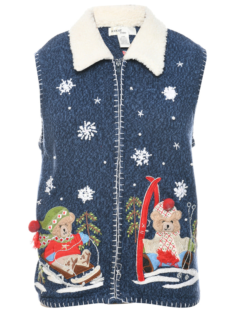 Teddy Bear Print Christmas Vest - L