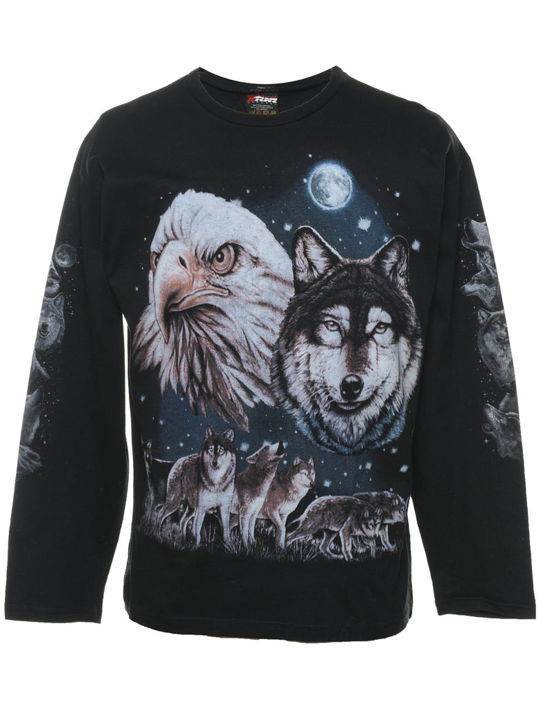 Wolf And Eagle Black Printed Animal T-shirt - M