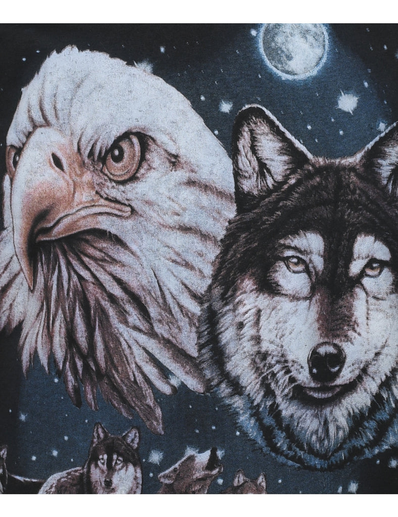 Wolf And Eagle Black Printed Animal T-shirt - M