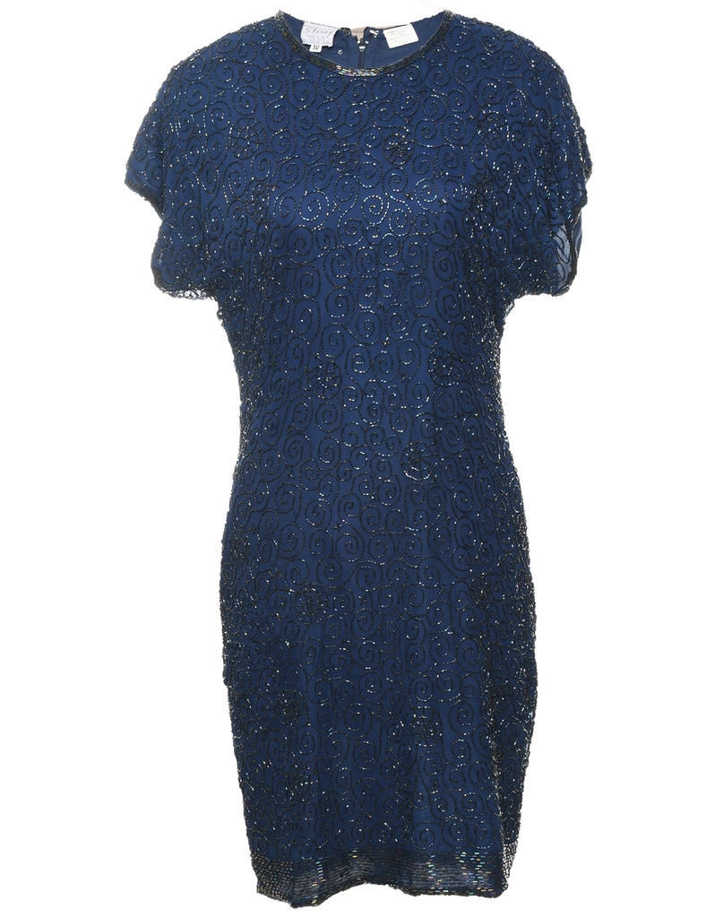 100% Silk Navy Beaded Evening Dress - L