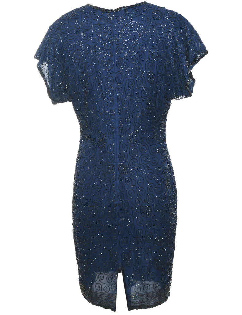 100% Silk Navy Beaded Evening Dress - L