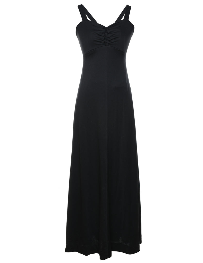 1970s Black Ruched Front Maxi Dress - S