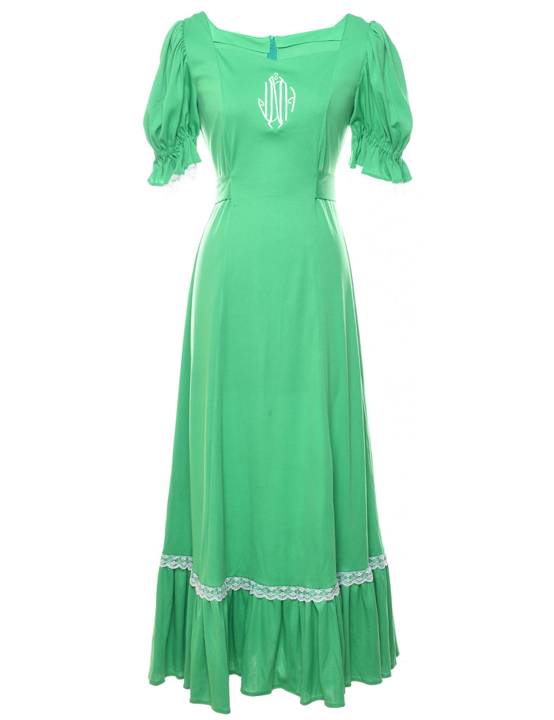 1970s Embroidered Green Prairie Style Dress - S