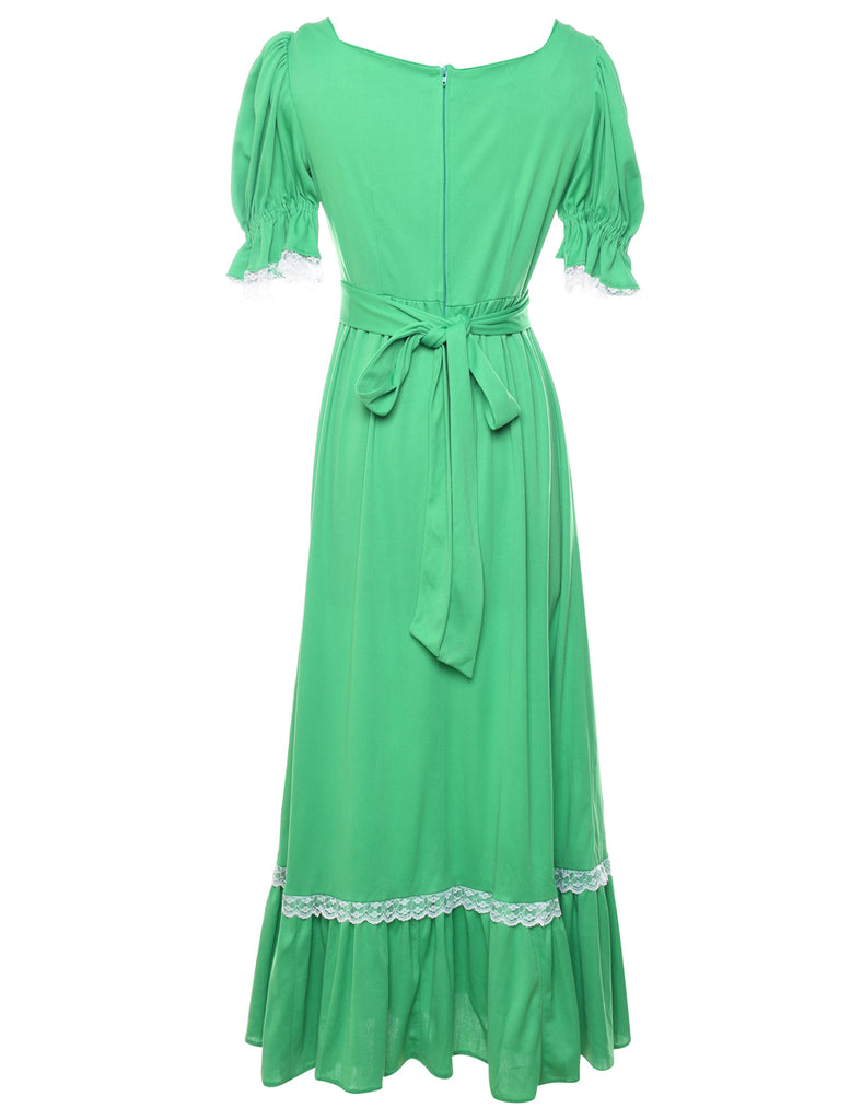 1970s Embroidered Green Prairie Style Dress - S