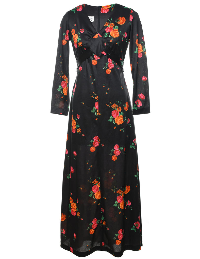 1970s Floral Print Bow Back Maxi Dress - M