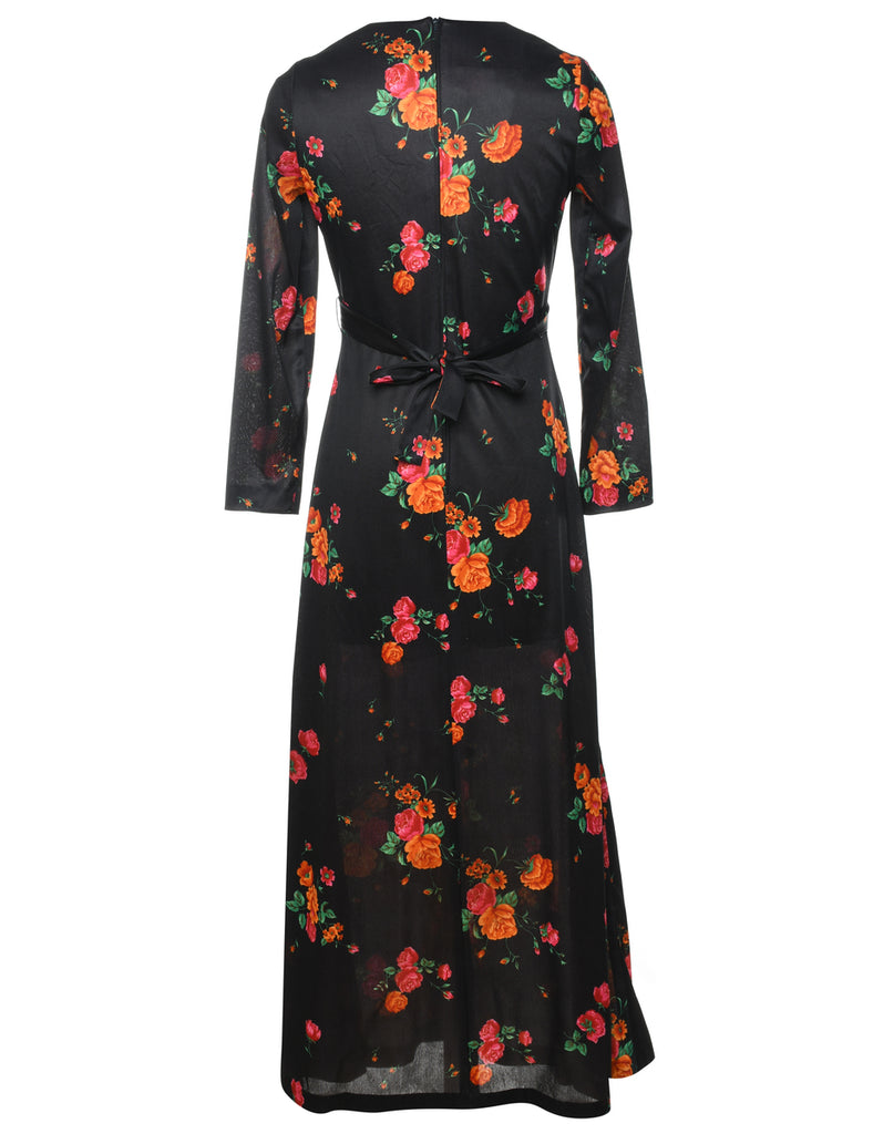 1970s Floral Print Bow Back Maxi Dress - M