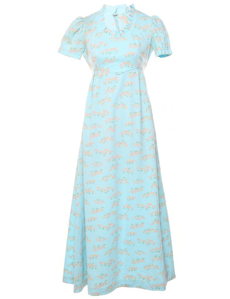 1970s Floral Print Frilled Neck Turquoise & Pink Maxi Dress - S