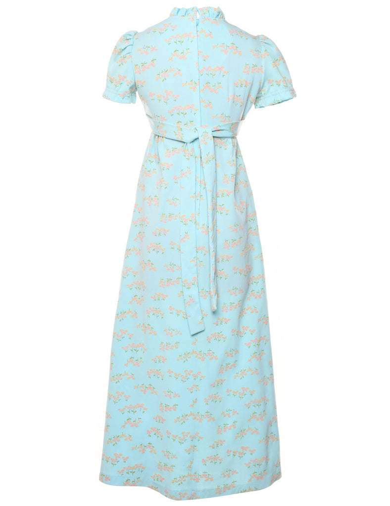 1970s Floral Print Frilled Neck Turquoise & Pink Maxi Dress - S