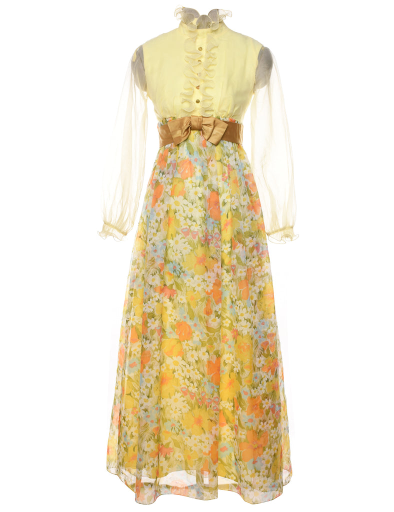 1970s Floral Print Sheer Sleeved Maxi Dress - S