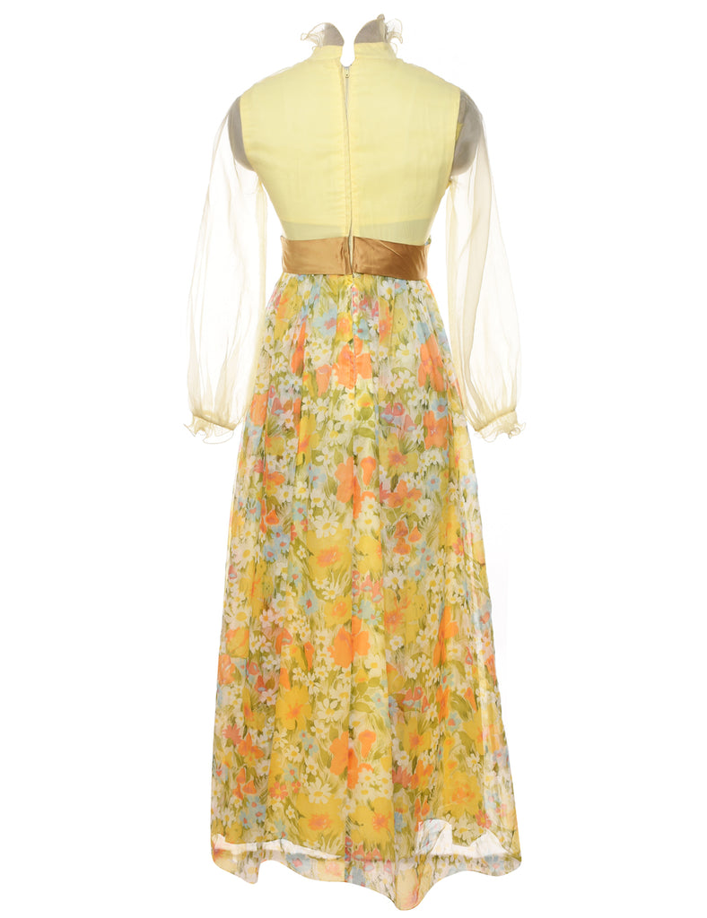 1970s Floral Print Sheer Sleeved Maxi Dress - S