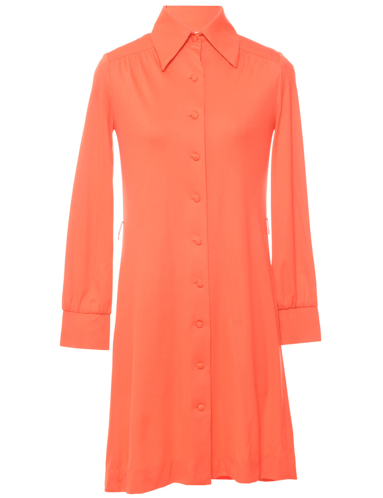 1970s Orange Shirt Dress - M