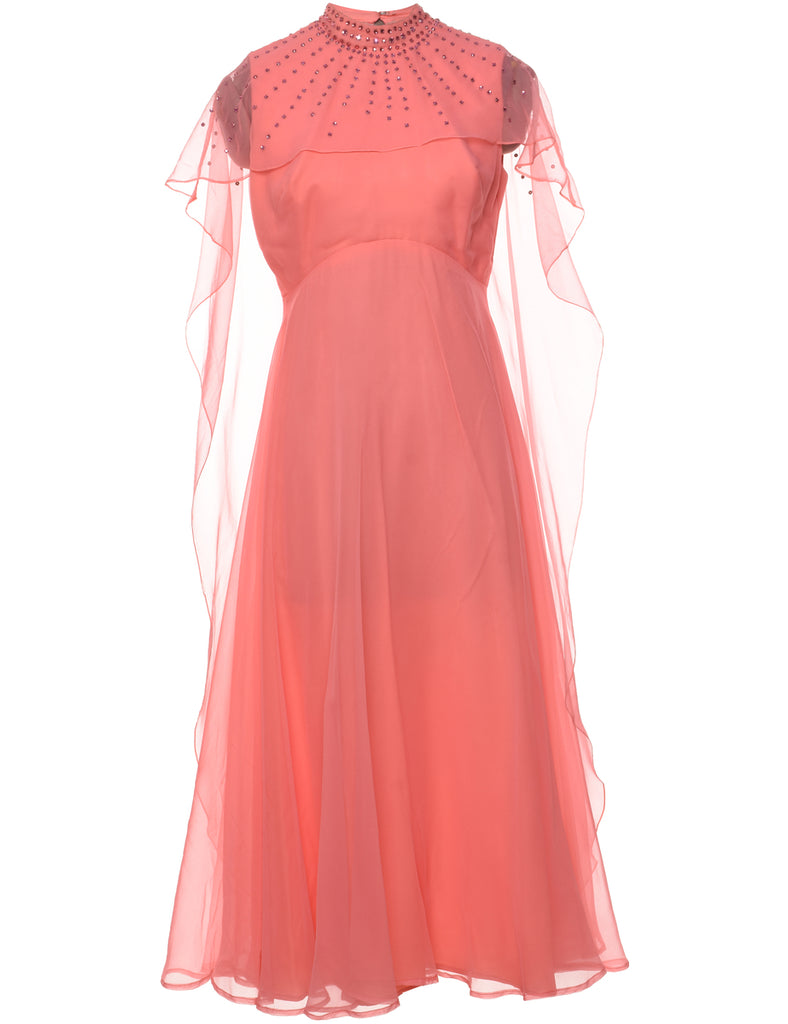 1970s Salmon Pink Diamonte Detail Maxi Dress  - M