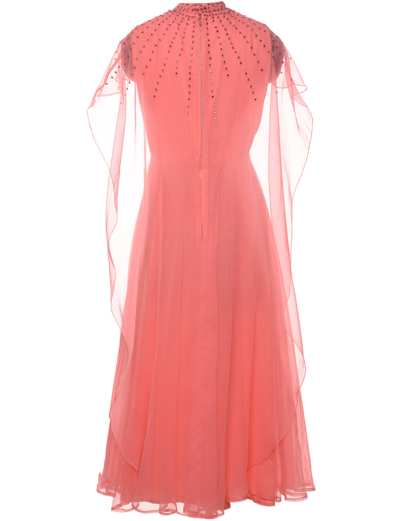 1970s Salmon Pink Diamonte Detail Maxi Dress  - M