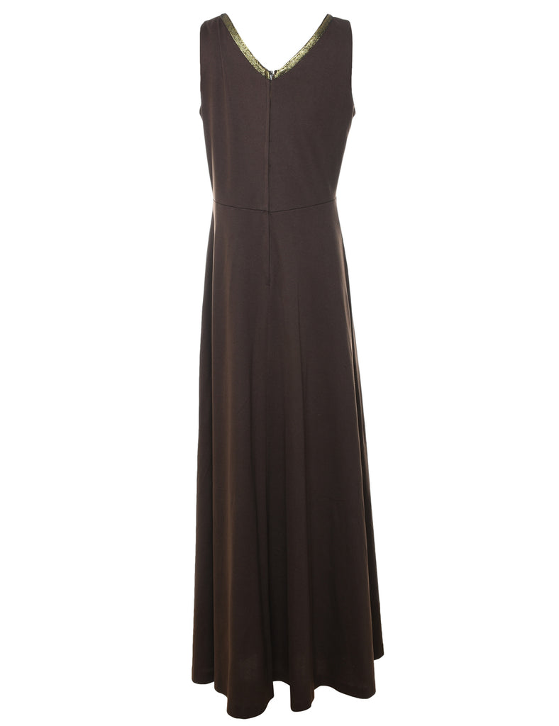 1970s Sleeveless Dark Brown & Gold Maxi Dress - M