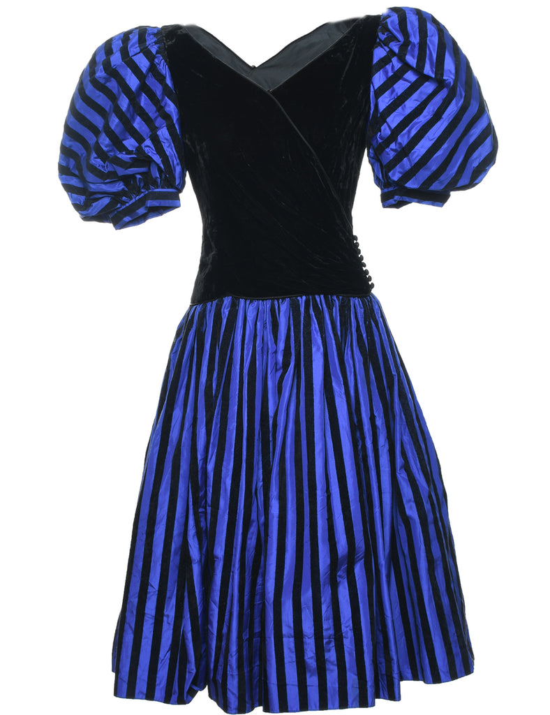 1980s Black & Blue Striped Velour Evening Dress - M