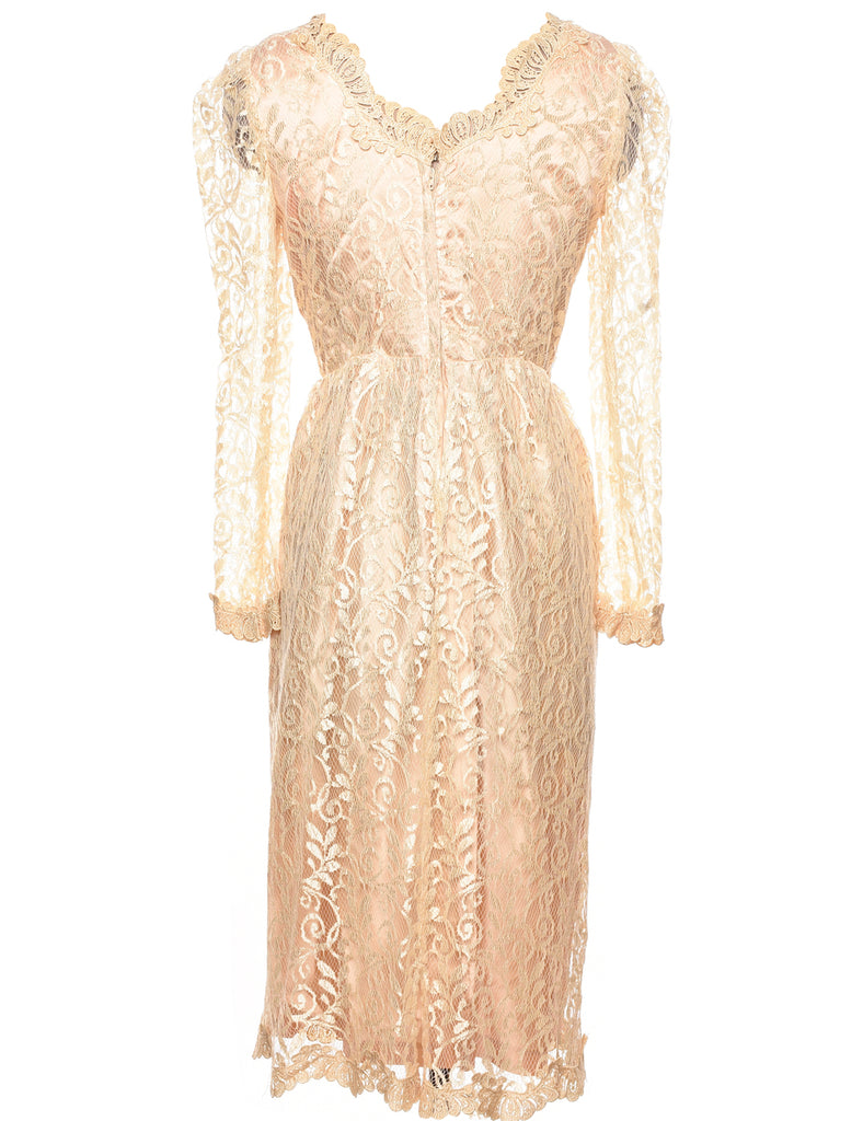 1980s Gold Floral Lace Evening Dress - S