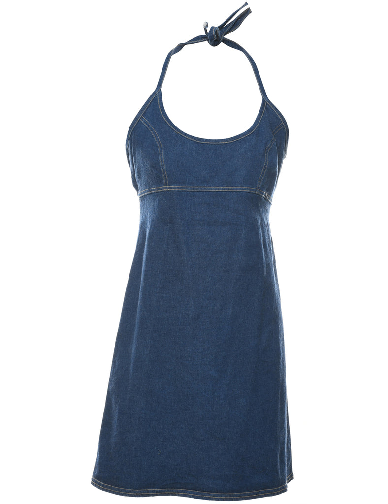 1990s Medium Wash Denim Halterneck Dress - S