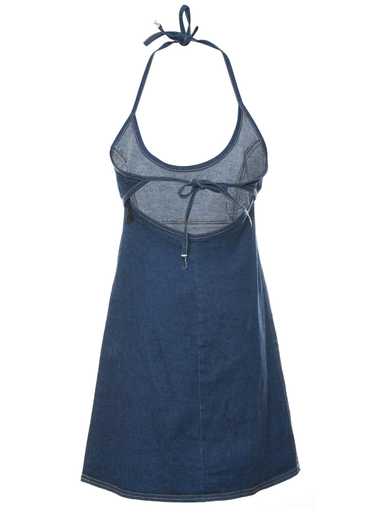 1990s Medium Wash Denim Halterneck Dress - S