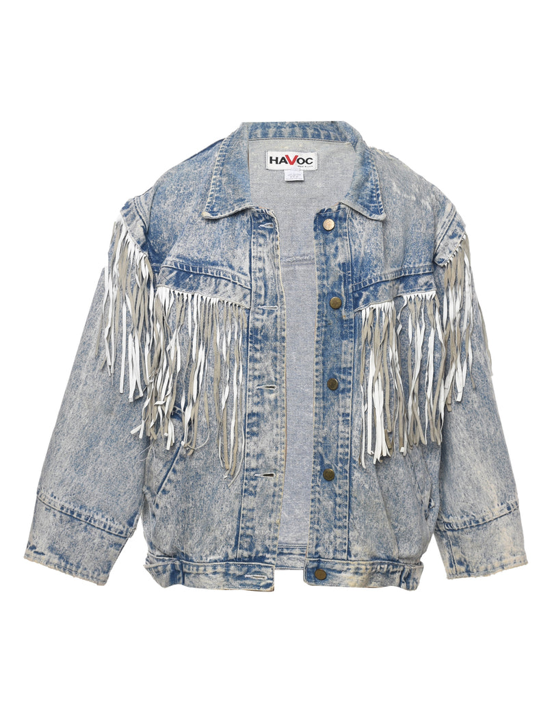 Acid Wash Fringed Denim Jacket - L