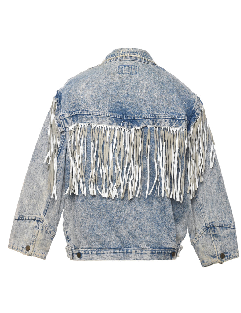 Acid Wash Fringed Denim Jacket - L