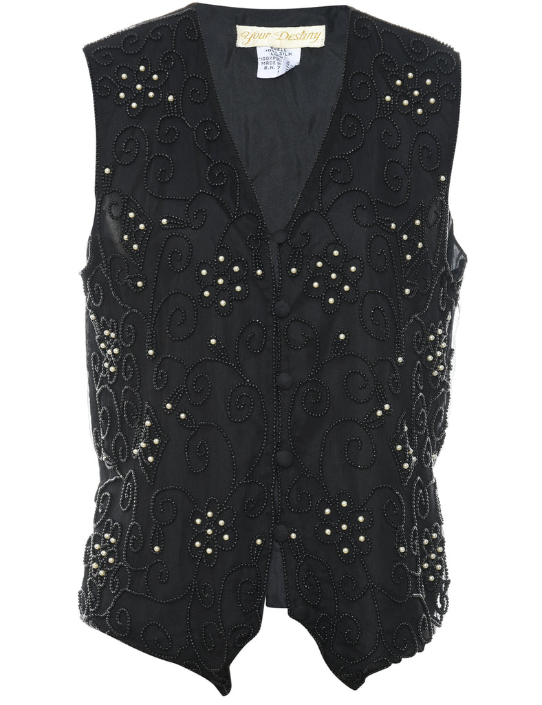 Beaded Black 1990s Waistcoat - L