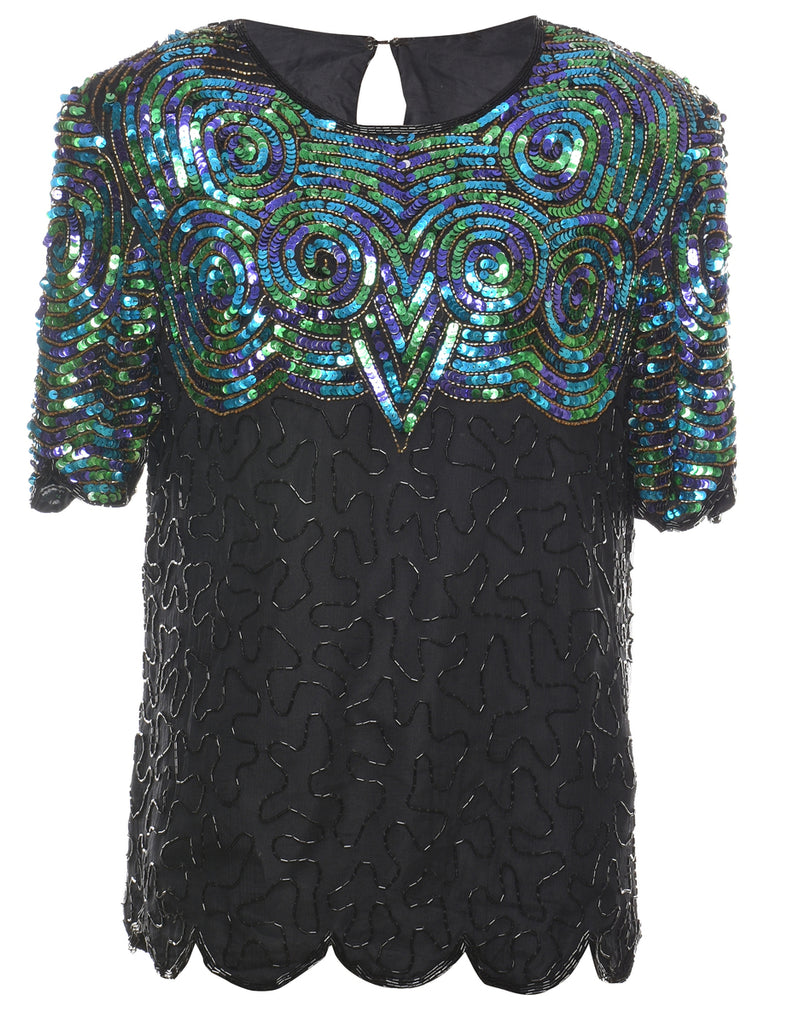 Beaded Black & Multi-Colour Evening Top - L