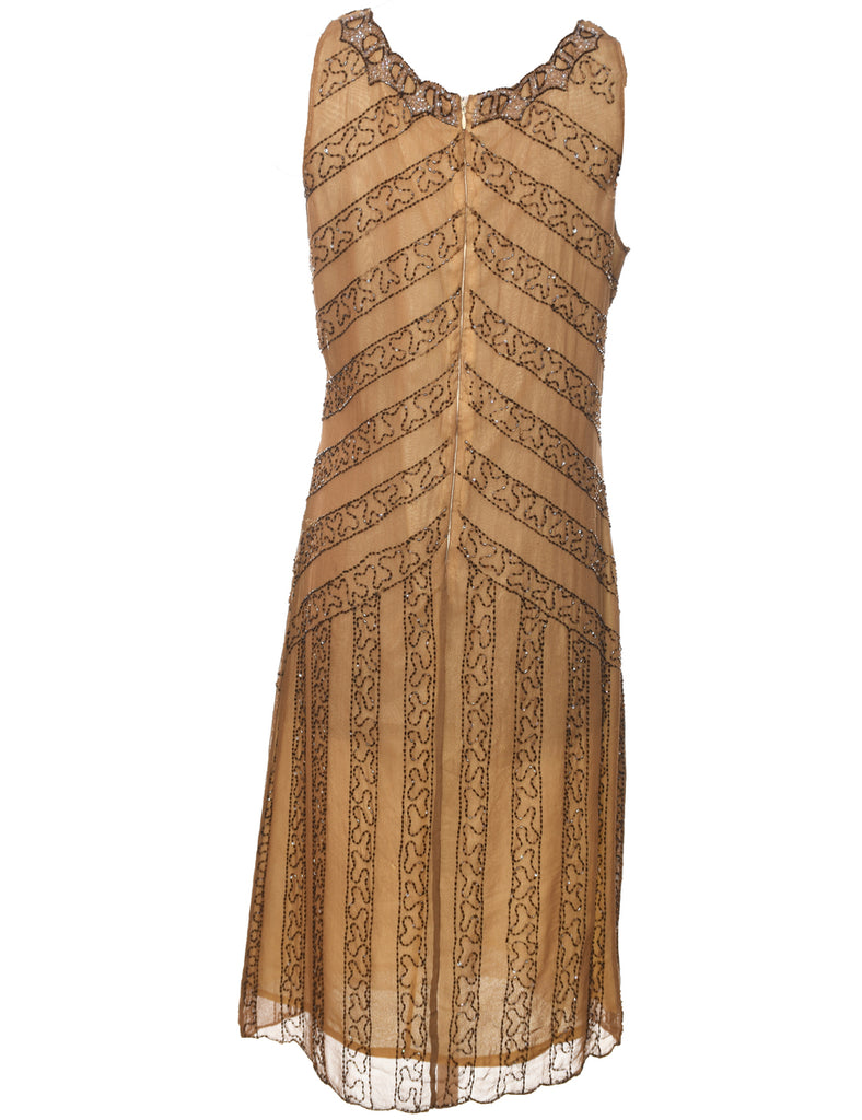 Beaded Bronze & Brown Sleeveless Evening Dress - M