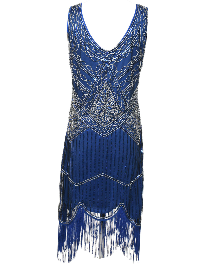 Beaded Navy & Silver Sparkly Evening Dress - L