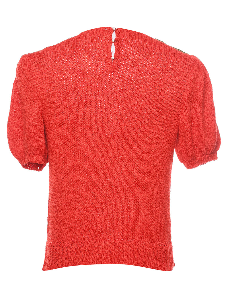 Beaded Red Puff Sleeve Jumper - S