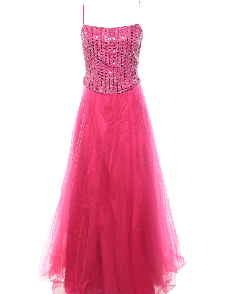 Beaded & Sequined Pink Y2K Prom Style Evening Dress - M