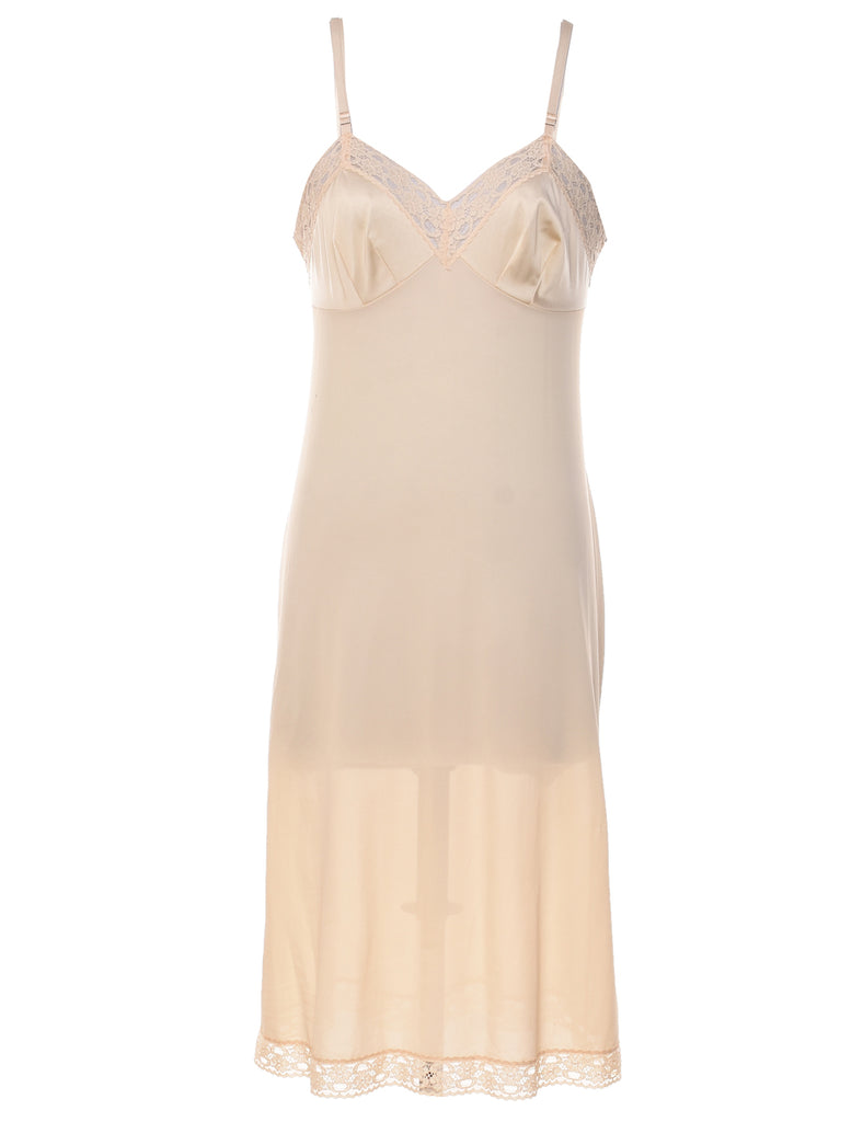 Beige Lace Trim Silky Slip Dress - M