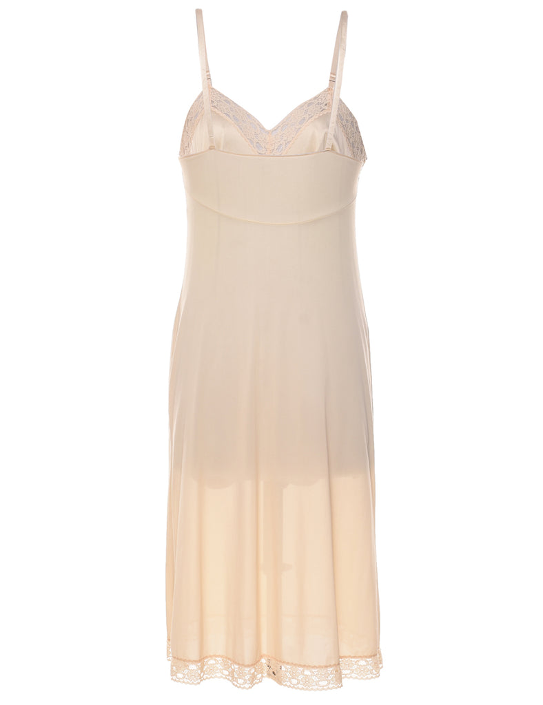 Beige Lace Trim Silky Slip Dress - M