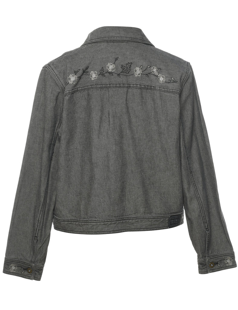 Black 1990s Distressed Embroidered Floral Denim Jacket - M