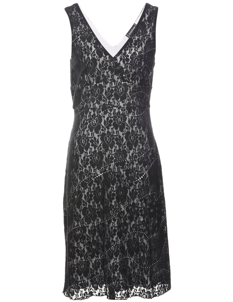 Black 1990s Floral Lace Evening Dress - M