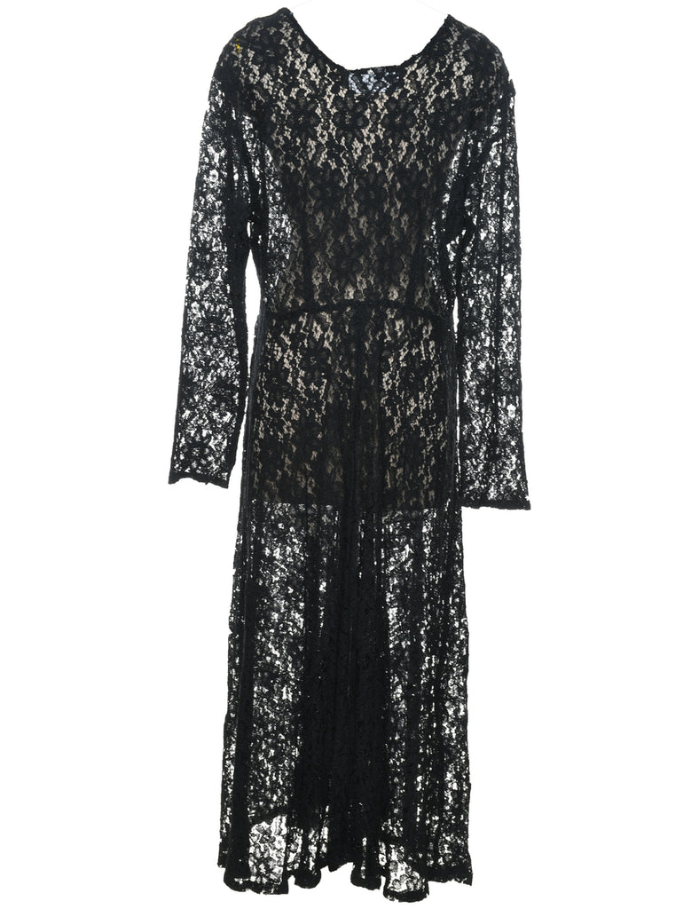 Black 1990s Floral Lace Evening Dress - L