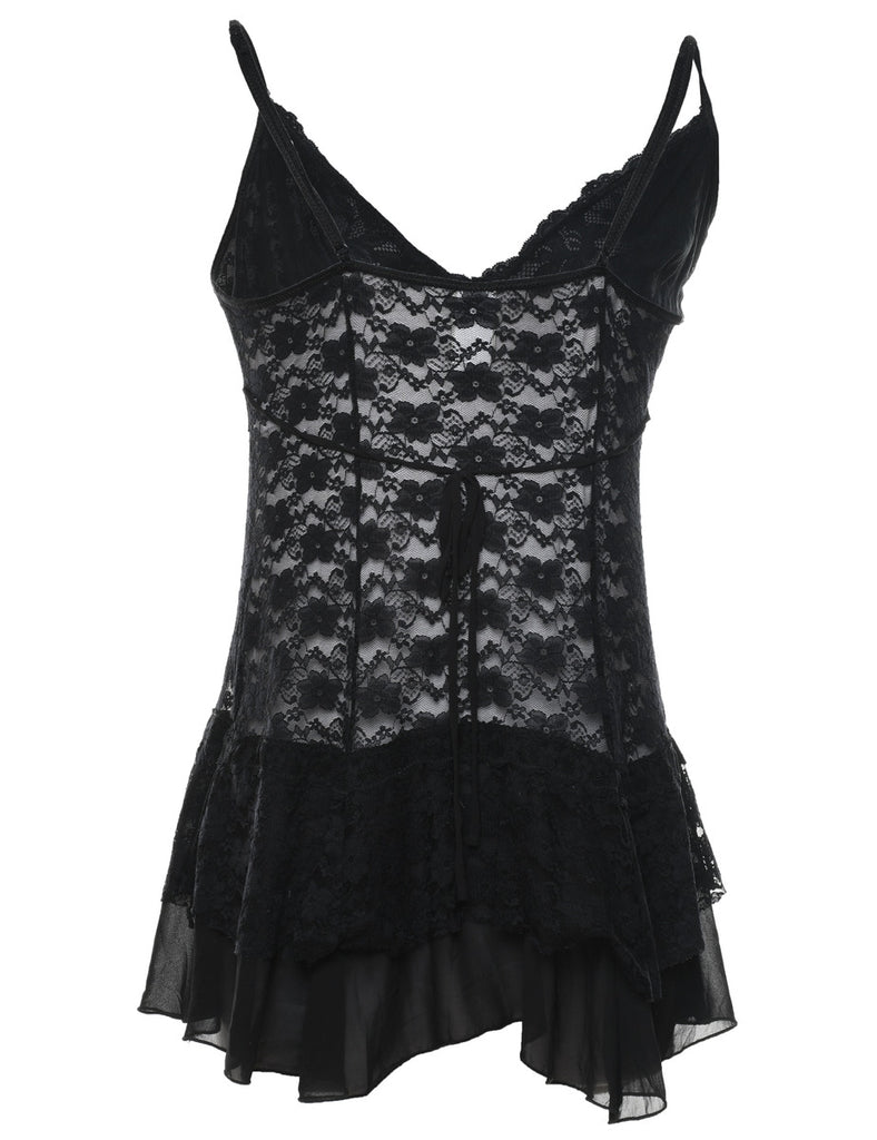 Black 1990s Lace Ruffled Sheer Slip - L