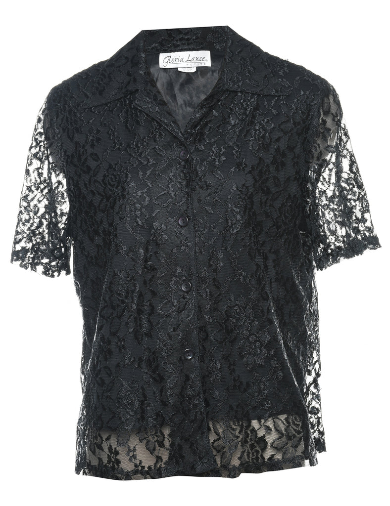 Black 1990s Lace Short Sleeve Blouse - L