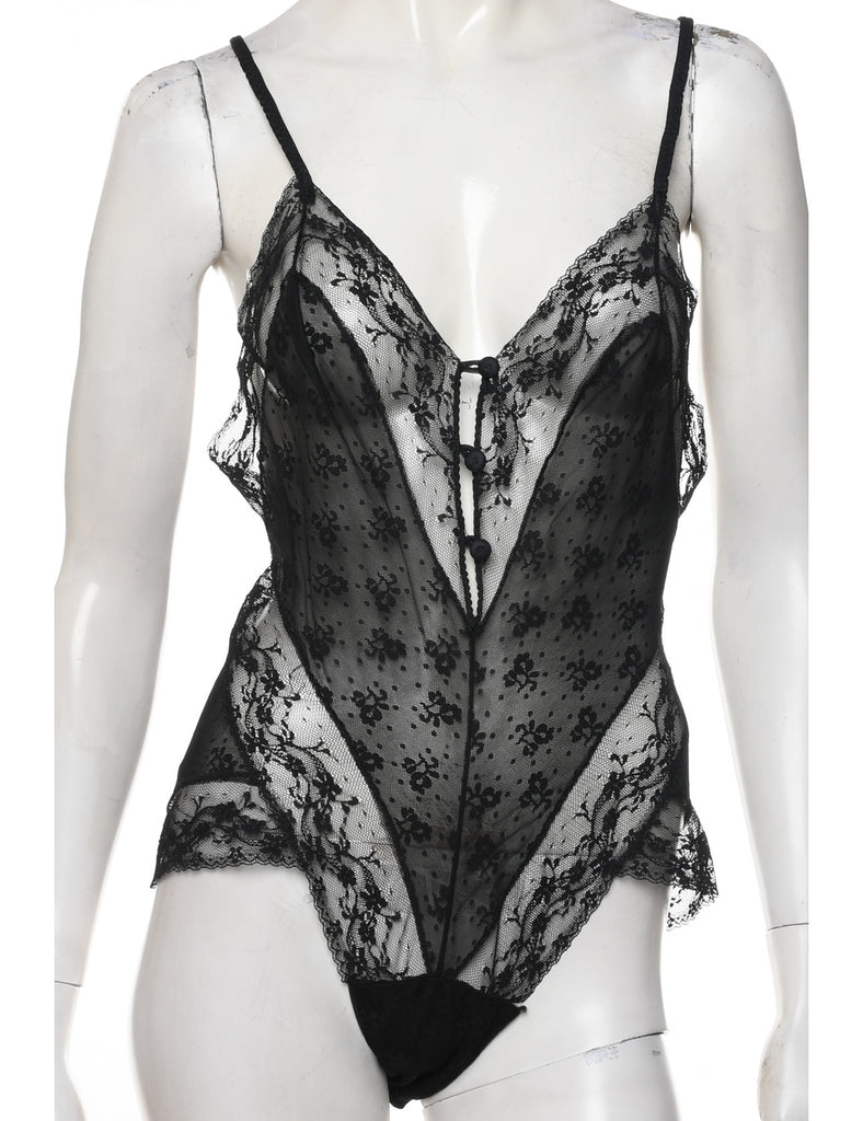 Black 1990s Sheer Lace Bodysuit - L