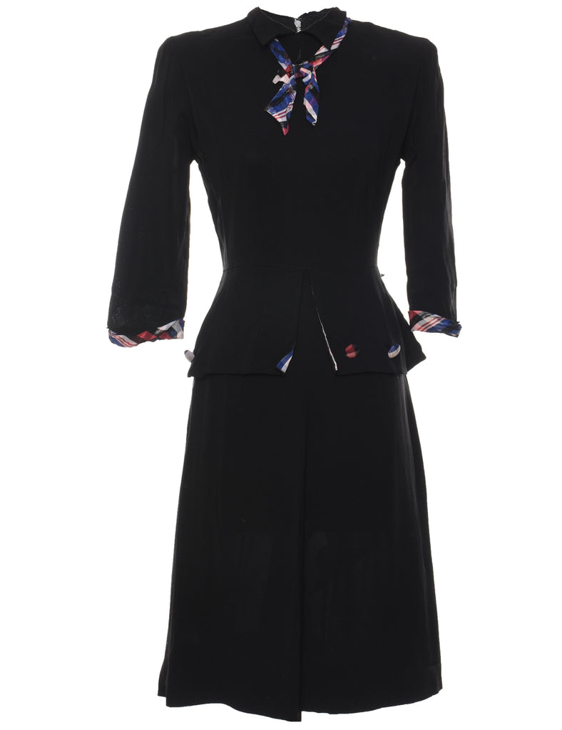 Black & Checked Bow Details 1960s Dress - M