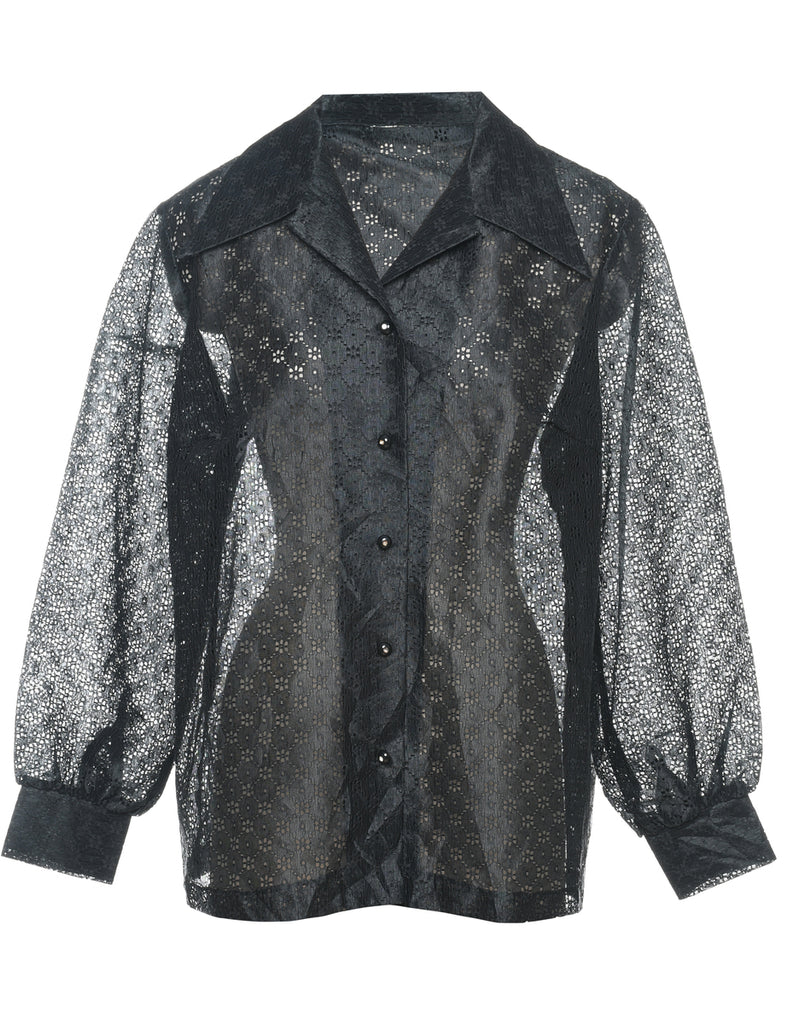 Black Classic 1980s Sheer Lace Evening Blouse - L