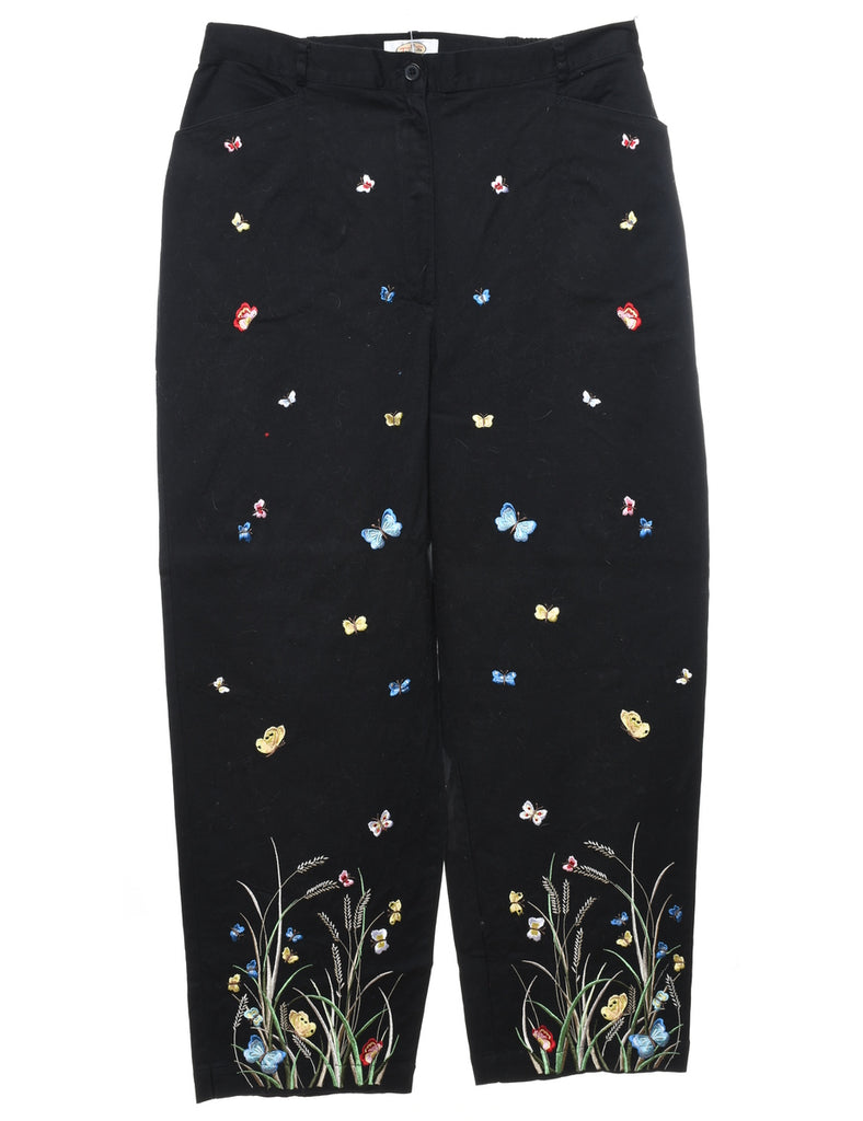 Black Embroidered Butterfly Design Tapered Trousers - W32 L28