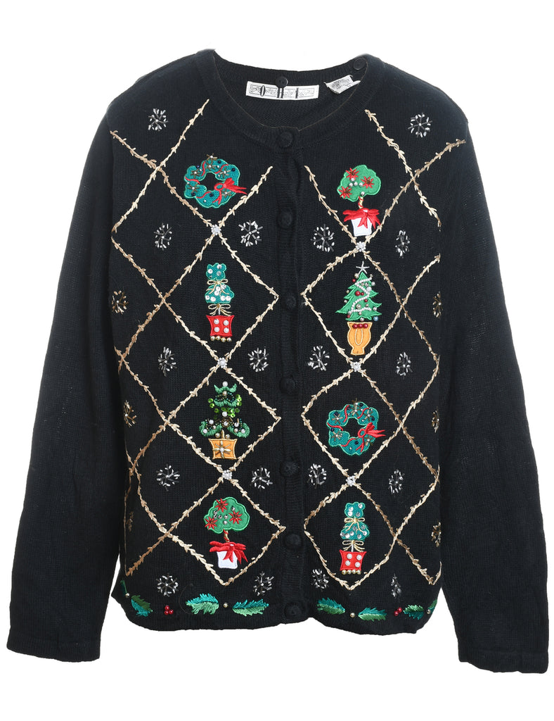 Black Embroidered Christmas Cardigan  - L