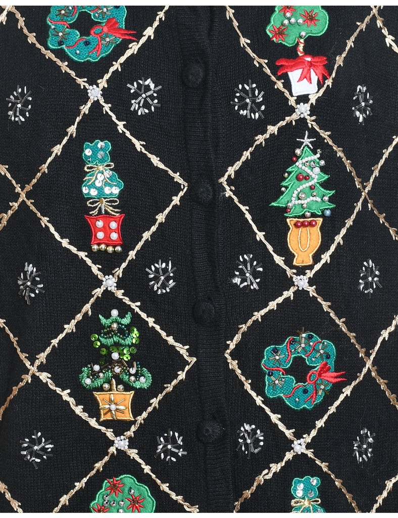 Black Embroidered Christmas Cardigan  - L